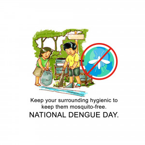 Illustration of children cleaning with a message about preventing mosquito breeding for National Dengue Day.