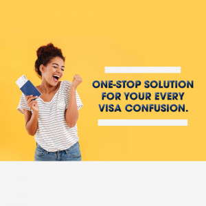 Smiling woman holding a passport with text promoting visa services.