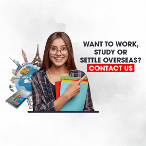 Young woman pointing at books with travel landmarks in the background and a call to action to contact for overseas studies or immigration.