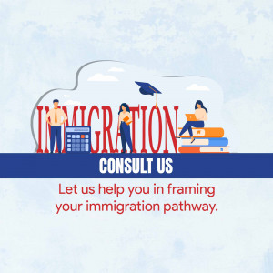 Illustration depicting immigration consultation with people, books, and a graduation cap.