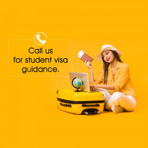 Woman with laptop, suitcase, and globe promoting student visa services