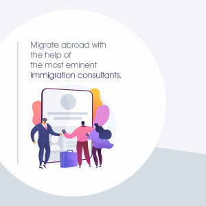 Illustration of people with an immigration consultant, representing assistance with moving abroad.