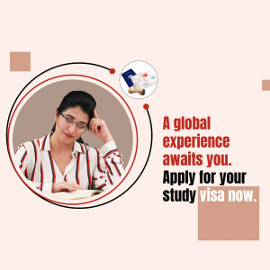 Woman studying with a passport and plane ticket, promoting study visa applications.