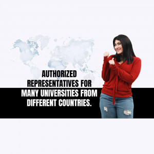 Woman smiling and gesturing towards a world map with text about university representation.