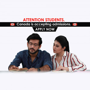 Image of two students looking at documents with a banner announcing Canada accepting admissions.