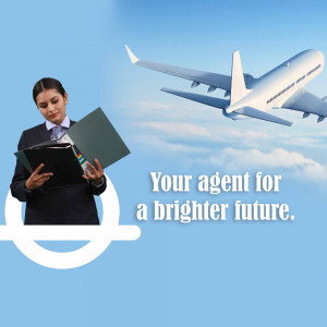 A professional travel agent holding a folder with an airplane flying in the background.
