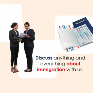 Two businesswomen discussing documents with a passport and visa nearby, promoting immigration services.