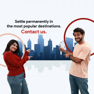 Young couple pointing towards a city skyline, promoting immigration services.