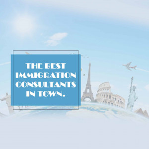 Image promoting immigration consultation services with landmarks in the background.