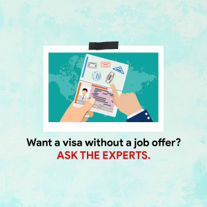Image depicting a hand pointing to a passport with text asking about visa assistance without a job offer.