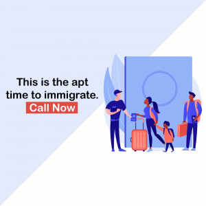 Illustration of a family with luggage standing in front of a doorway with text promoting immigration services.