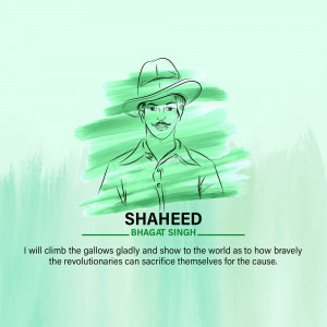 Illustration of Bhagat Singh with a green watercolor background and a quote.