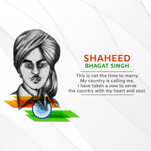 Portrait of Shaheed Bhagat Singh with Indian flag and motivational quote