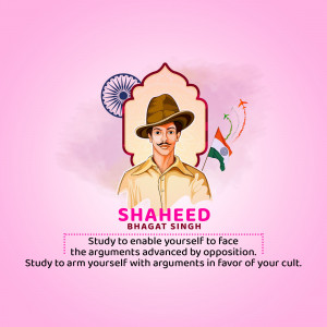 Portrait of Shaheed Bhagat Singh with Indian flags and a quote.