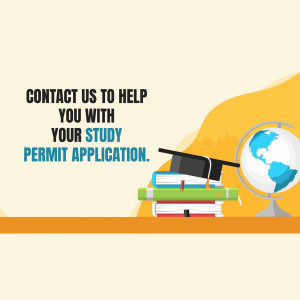 Image depicting books, a globe, and a graduation cap with text 'Contact us to help with your study permit application.'
