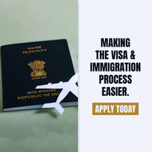 Indian passport with a paper airplane and text about visa and immigration services.