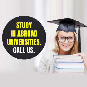Young woman in graduation cap with books, promoting study abroad programs.