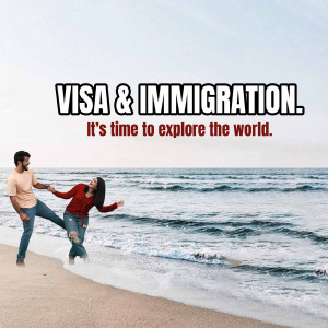 Couple running on the beach with text overlay 'Visa & Immigration. It's time to explore the world.'