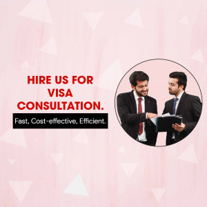Two men in suits discussing documents with text 'Hire Us For Visa Consultation'