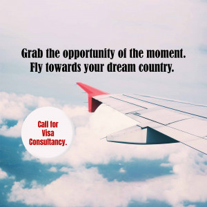 Airplane wing with clouds and text promoting visa consultancy