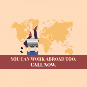 Illustration of legs up in the air while working on a laptop with a world map in the background, promoting remote work opportunities.