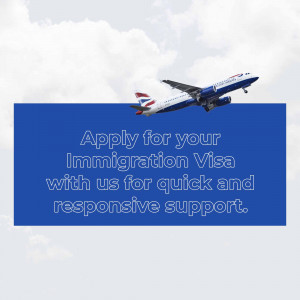 British Airways plane flying over a blue banner promoting immigration visa services.