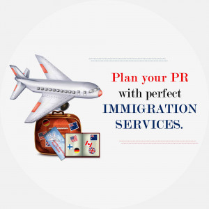 Image depicting an airplane and travel documents promoting immigration services.