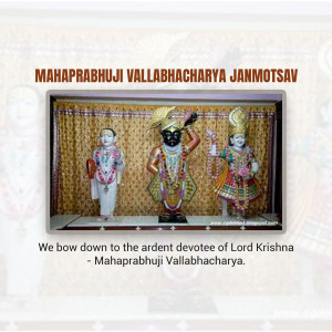 Three deities of Lord Krishna adorned with flowers and garments