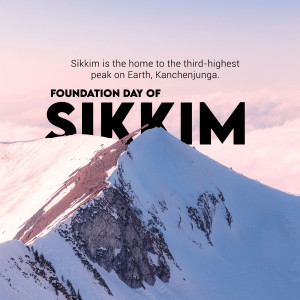Snow-capped mountain peak with text celebrating Sikkim Day