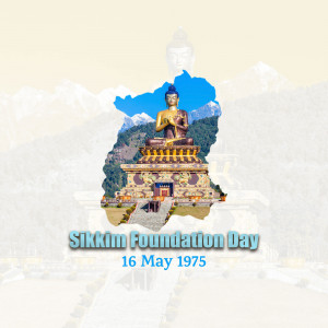 Image depicting a Buddha statue superimposed on a map of Sikkim with text commemorating Sikkim Foundation Day.