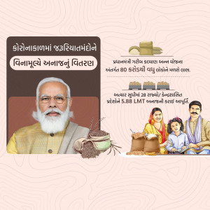 Image depicting free food grain distribution during the COVID-19 pandemic with Prime Minister Narendra Modi and a family.
