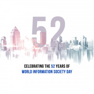 Image commemorating the 52nd anniversary of World Information Society Day with a cityscape and the number 52.