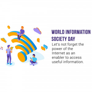 Illustration depicting people using devices connected to a Wi-Fi signal with the text 'World Information Society Day'
