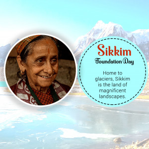 Image commemorating Sikkim Foundation Day featuring a portrait of an elderly woman and a mountainous landscape.