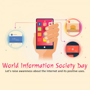 Illustration depicting a hand holding a smartphone with social media icons and information graphics, celebrating World Information Society Day.