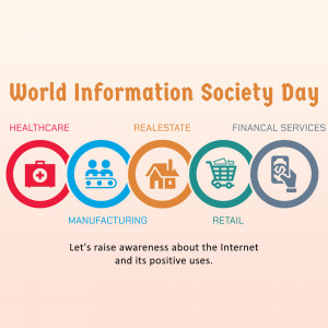World Information Society Day graphic with icons representing various sectors.