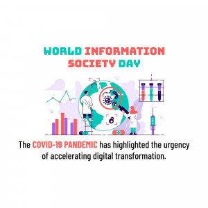 Illustration depicting World Information Society Day with a focus on the COVID-19 pandemic and digital transformation.