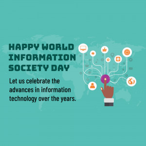 Illustration for World Information Society Day with a hand interacting with digital icons.