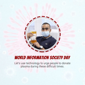 Man holding plasma donation bags with World Information Society Day message