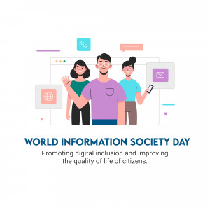 Illustration depicting people interacting with digital interfaces for World Information Society Day.