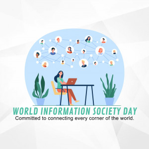 Illustration depicting a woman working on a laptop with a network of people in the background, celebrating World Information Society Day.