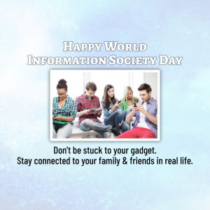 Group of young adults using digital devices with text 'Happy World Information Society Day'