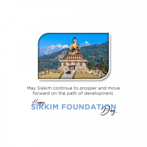 Image depicting a Buddhist Stupa with mountains in the background and text celebrating Sikkim Foundation Day.
