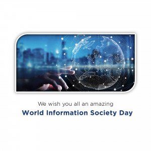 A hand touching a glowing globe with a city skyline in the background, celebrating World Information Society Day.