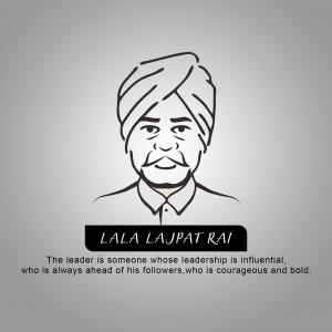 Black and white line drawing of Lala Lajpat Rai with a quote about leadership.