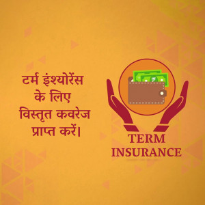 Image depicting hands holding a wallet with the text 'Term Insurance' and related Hindi text.