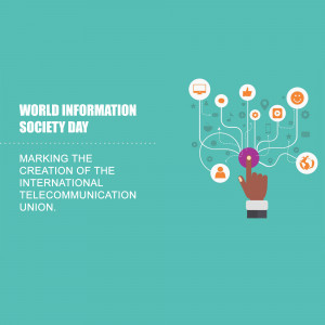 Illustration for World Information Society Day with a hand interacting with digital icons.