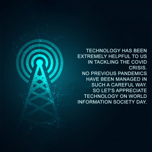 Digital illustration of a communication tower with text about technology's role in tackling the COVID-19 crisis.