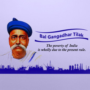 Portrait of Bal Gangadhar Tilak with a quote about Indian poverty and a cityscape silhouette.