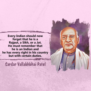 Portrait of Sardar Vallabhbhai Patel with a quote about Indian unity